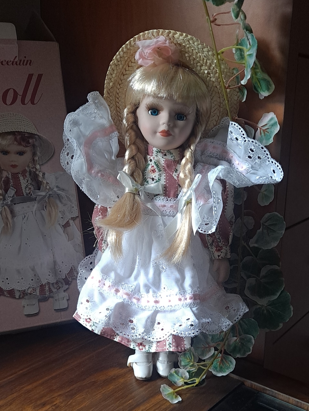 Porcelain Girl Doll in White & Pink Dress with Straw Hat